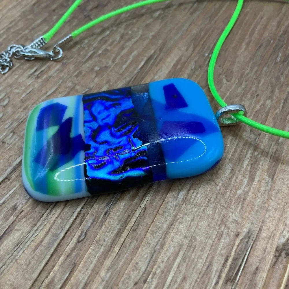 Murano Style Blue Fused Dichromic Glass Pendant Cord Necklace